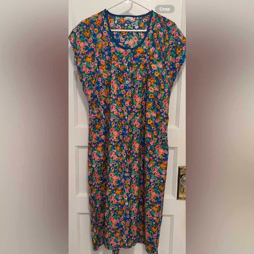 Vintage Blue Floral Midi Dress with Pink and Yellow Blooms